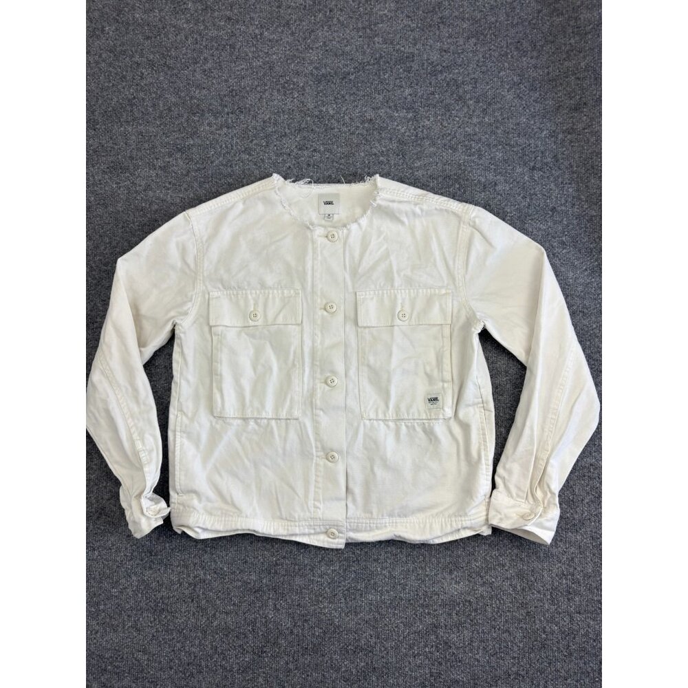 Vans Clark Jacket Women's Medium White‎ Cotton Pockets Woven Coat Patch